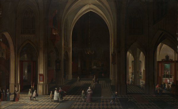 Main Product Photo of Interior of a Gothic Church at Night Looking East  Painting by Pieter Neeffs The Elder