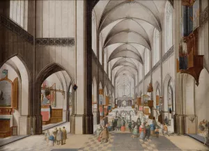 Interior Of A Three-Aisled Gothic Church During A Sermon by Pieter Neeffs The Elder Oil Painting