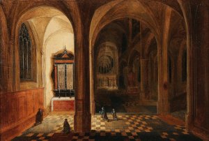 A church interior with worshippers at prayer by Pieter Neeffs The Younger Oil Painting