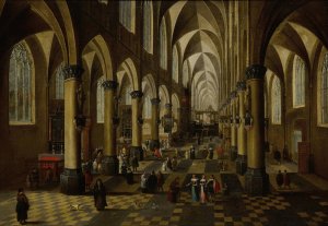 The Church of Saint Walburga in Antwerp, with a Mass being said, many figures, and a door open on the right by Pieter Neeffs The Younger Oil Painting