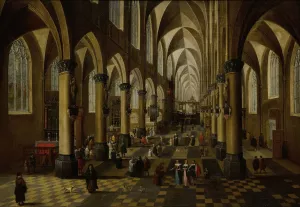 The Church of Saint Walburga in Antwerp, with a Mass being said, many figures, and a door open on the right Oil painting by Pieter Neeffs The Younger
