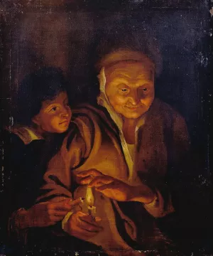 A Boy lighting a Candle from one held by an Old Woman by Peter Paul Rubens Oil Painting