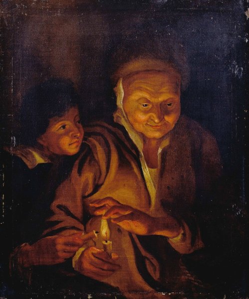 A Boy lighting a Candle from one held by an Old Woman by Peter Paul Rubens - Hand-Painted Oil Painting Reproduction