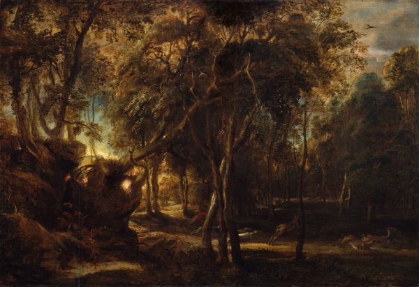 Main Product Photo of A Forest at Dawn with a Deer Hunt  Painting by Peter Paul Rubens