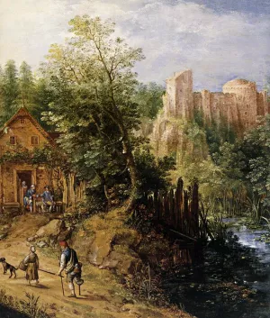 Mountain Valley with Inn and Castle Detail Oil painting by Pieter Stevens