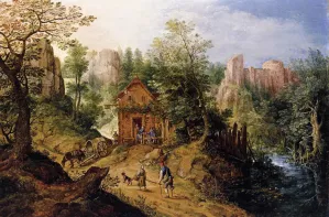 Mountain Valley with Inn and Castle painting by Pieter Stevens