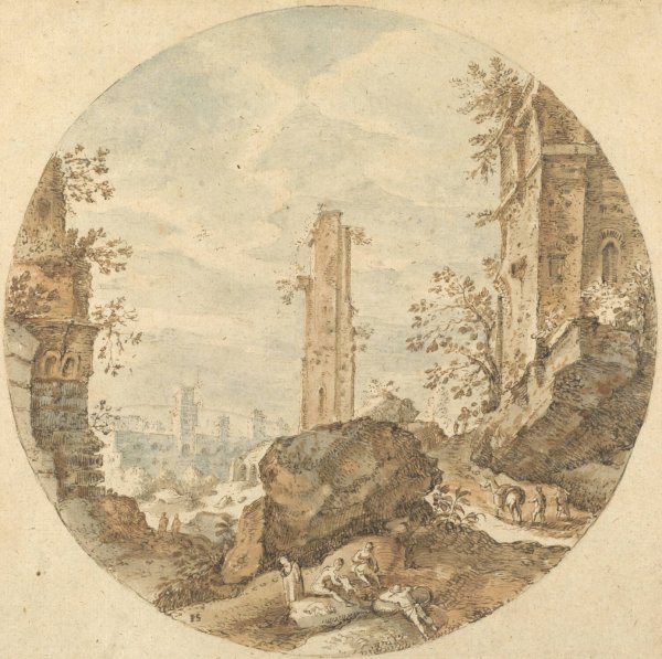 Travellers among Roman Ruins by Pieter Stevens - Hand-Painted Oil Painting Reproduction