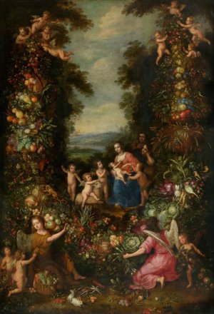 The Holy Family with the Infant Saint John the Baptist Surrounded by a Garland of Flowers, Vegetables and Fruit by Pieter Van Avont Oil Painting