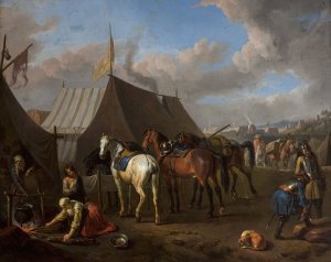 Camp Scene with a Woman at the Bonfire to the Left by Pieter Van Bloemen Oil Painting