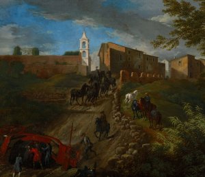 Coach and Travelers at Madonna del Riposo Near Rome by Pieter Van Bloemen Oil Painting