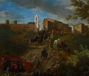 Coach and Travelers at Madonna del Riposo Near Rome by Pieter Van Bloemen Oil Painting