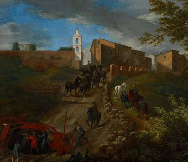 Coach and Travelers at Madonna del Riposo Near Rome  by Pieter Van Bloemen - Hand-Painted Oil Painting Reproduction