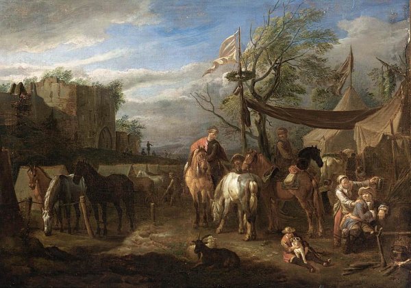 Main Product Photo of Riders Resting at a Military Encampment Painting by Pieter Van Bloemen