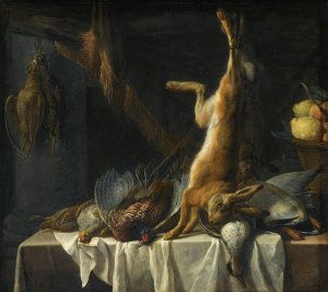 A Still Life With A Dead Hare, A Duck, A Pheasant And Poultry On A Table Draped With A White Cloth, Together With A Basket With Fruit by Pieter Van Boucle Oil Painting