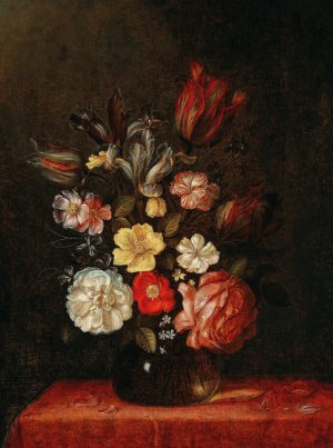 Roses, Tulips and Irises in a glass vase by Pieter Van De Venne Oil Painting