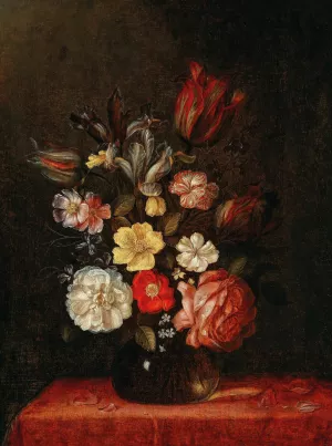Roses, Tulips and Irises in a glass vase by Pieter Van De Venne Oil Painting