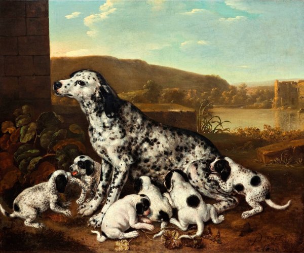 Main Product Photo of Dalmatian dog with puppies  Painting by Pieter Van Der Hulst