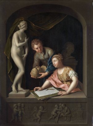 A Girl Drawing and a Boy near a Statue of Venus by Pieter Van Der Werff Oil Painting