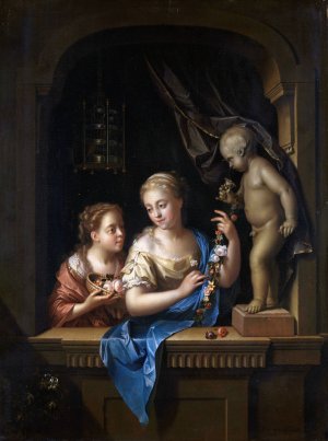 Two Girls with Flowers by a Statue of Cupid by Pieter Van Der Werff Oil Painting