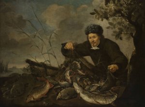 Fisherman with fish in the net by Pieter Van Noort Oil Painting