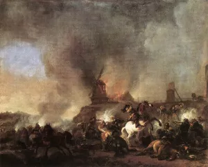 Cavalry Battle in front of a Burning Mill by Pieter Wouwerman - Oil Painting Reproduction