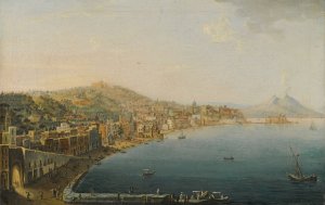 Naples, A View Of The Riviera Di Chiaia From The Convento Di Sant'Antonio, With Vesuvius Smoking In The Distance by Pietro Antoniani Oil Painting