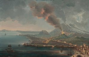 The Torre del Greco with the eruption of Mount Vesuvius beyond by Pietro Antoniani Oil Painting