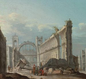 Capriccio With Figures In Front Of The Ruins Of A Church by Pietro Bellotto Oil Painting