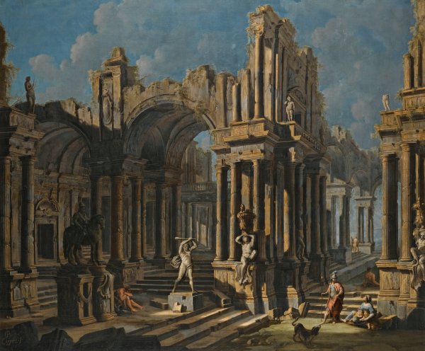 Main Product Photo of An Architectural Capriccio With A Statue Of Hercules And Figures In Classical Costume Painting by Pietro Capelli