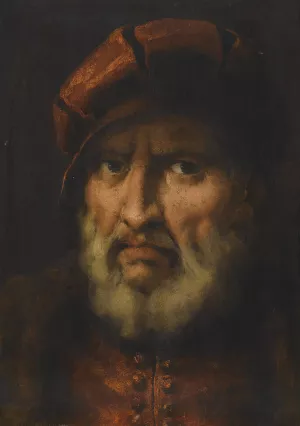 Head Of A Bearded Man, Wearing A Red Cap And Red Shirt by Pietro Della Vecchia Oil Painting