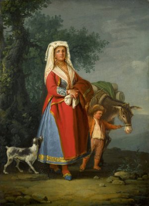 A Young Girl In Traditional Neapolitan Dress In A Landscape, Together With A Young Boy And A Donkey by Pietro Fabris Oil Painting