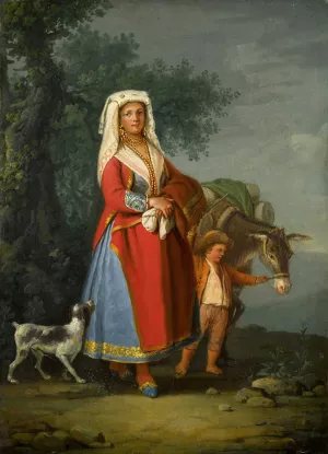 A Young Girl In Traditional Neapolitan Dress In A Landscape, Together With A Young Boy And A Donkey by Pietro Fabris Oil Painting
