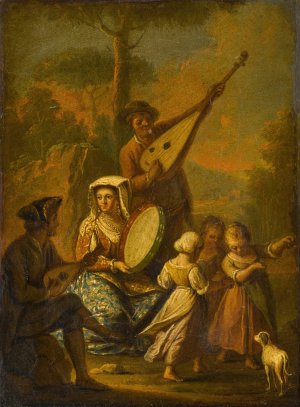 Figures dancing and playing music in the countryside by Pietro Fabris Oil Painting