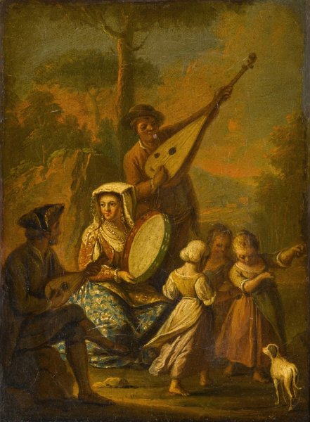 Figures dancing and playing music in the countryside by Pietro Fabris - Hand-Painted Oil Painting Reproduction