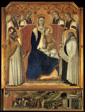 Madonna with Angels between St Nicholas and Prophet Elijah by Pietro Lorenzetti Oil Painting