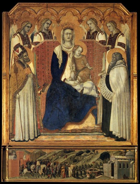 Madonna with Angels between St Nicholas and Prophet Elijah by Pietro Lorenzetti - Hand-Painted Oil Painting Reproduction