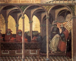 Predella Panel: The Approval of the New Carmelite Habit by Pope Honorius IV by Pietro Lorenzetti Oil Painting