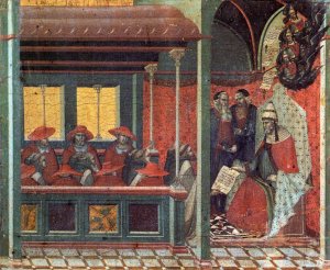 Predella panel: The Pope Issues a Bull to a Carmelite Delegation by Pietro Lorenzetti Oil Painting