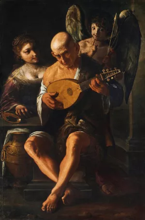 An elderly man playing the guitar with a woman and a putto in attendance by Pietro Paolini Oil Painting