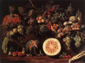 Fruit, Vegetables and a Butterfly painting by Pietro Paolo Bonzi