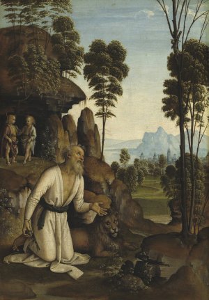Saint Jerome in the Wilderness by Pietro Perugino (Follower) Oil Painting