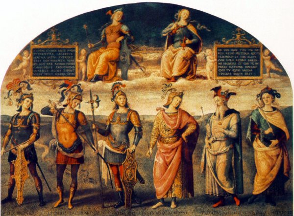 Fortitude and Temperance with Six Antique Heroes by Pietro Perugino - Hand-Painted Oil Painting Reproduction