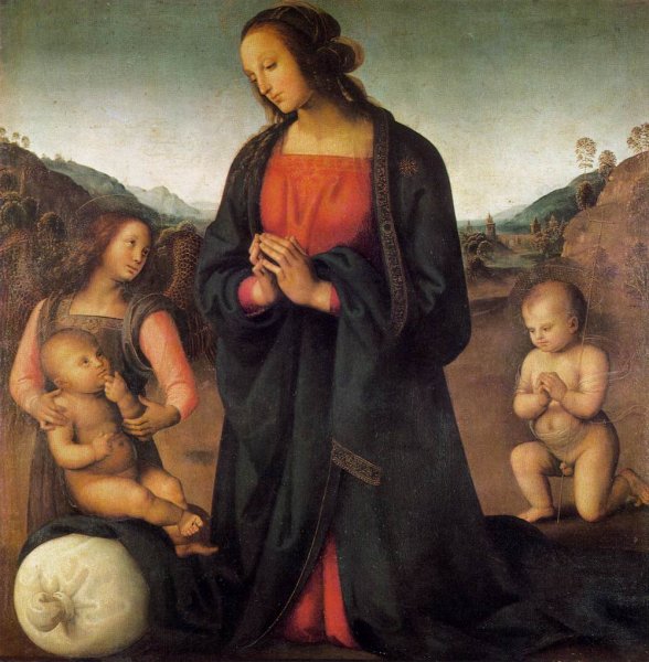 Main Product Photo of Madonna, an Angel and Little St John Adoring the Child Madonna del Sacco  Painting by Pietro Perugino