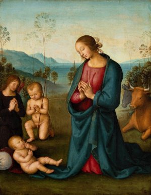 Madonna, the Infant St. John and an angel, worshiping the Christ Child by Pietro Perugino Oil Painting