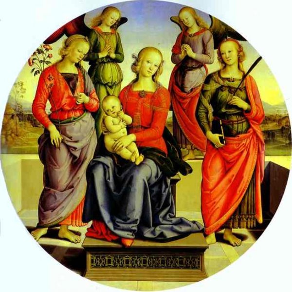The Virgin and Child Surrounded by Two Angels, St. Rose, and St. Catherine by Pietro Perugino - Hand-Painted Oil Painting Reproduction