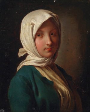 A girl in a blue jacket and white headscarf by Pietro Rotari Oil Painting