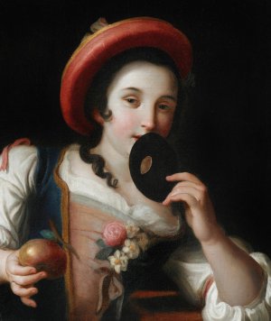 A young woman holding a mask and a pomegranate by Pietro Rotari Oil Painting