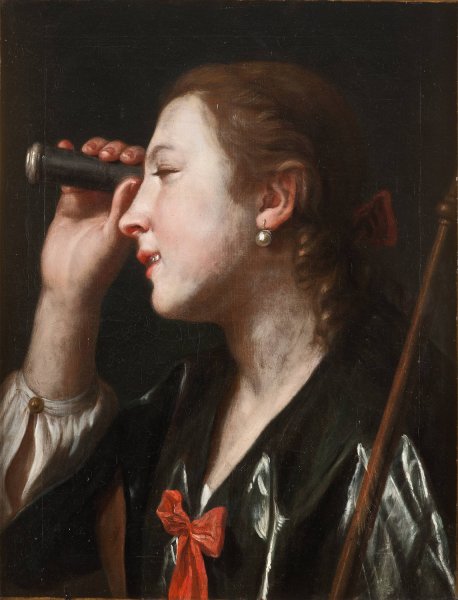 Girl Looking through a Telescope by Pietro Rotari - Hand-Painted Oil Painting Reproduction