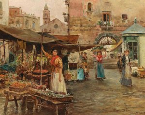 A Market Scene in Naples by Pietro Scoppetta Oil Painting