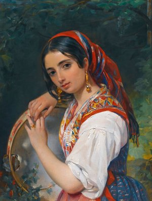 A Shepherd Girl With A Tambourine by Pimen Nikitich Orloff Oil Painting